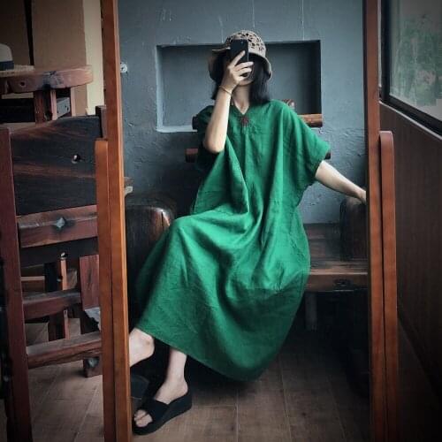 Women Loose Linen Robe Dress Ladies Vintage Flax Plus Size Solid Color V Neck Dress Female 2020 Summer Dresses