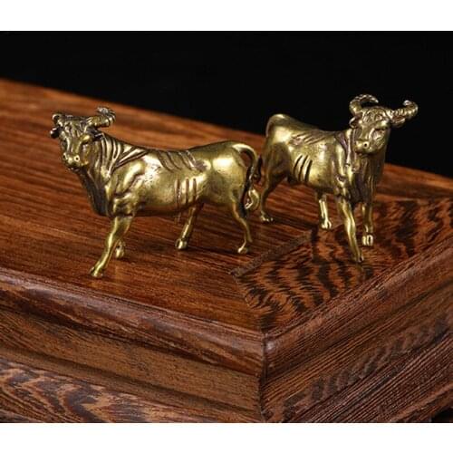 Pure Brass Zodiac Bull Miniature Animals Statue Handmade Home Decoration Ornaments Craft Copper Figurines Desk Decor Accessories
