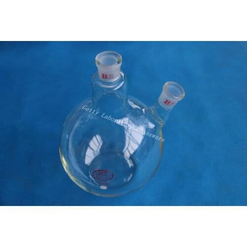 2L 2-neck (two-neck) flat bottom boiling flask ,2000ml,24/29 joint , heavy wall ( Borosilicate Glass materiel)