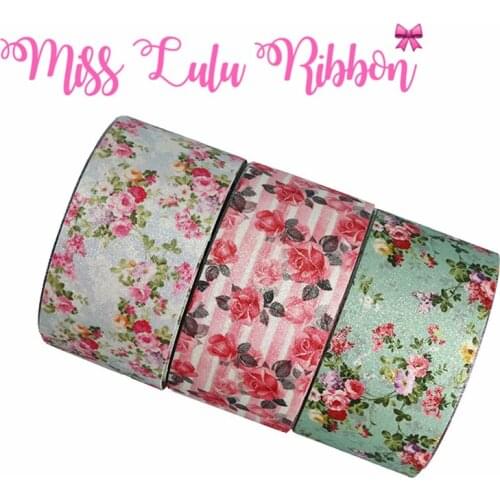 3"75mm Shiny Glitter Leather Fabric Ribbon Spring Retro Flower Red Rose Pink Stripes DIY Gift Bowknots Hair Band 50yards/roll