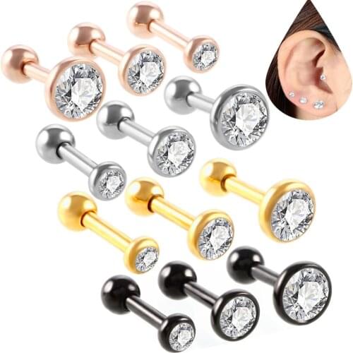 3PCS a Set Stainless Steel16G 3/4/5mmCrystal Ear Helix Piercing Tragus Earring Cartilage Stud Body Pircing Jewelry