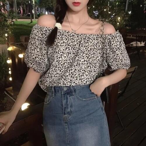 Blouses Women Vintage Print Puff Sleeve Sexy Off Shoulder Ladies Lovely Trendy Top Summer New Chiffon Elegant Blouses 2021