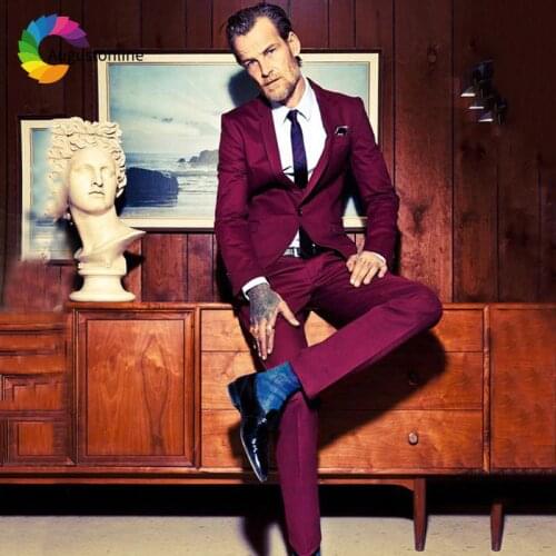 Burgundy Men Suits Wedding Suit Groom Tuxedos Tailored Men Suit with Pants Best Man Blazers Jacket 2Piece Terno Masculino