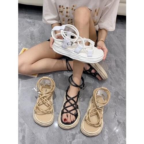 Summer 2021 Muffin Bottoms New Thin Strap Strap High Gang Cross-Band Beach Roman Flat Shoes Sandals Womens Shoes