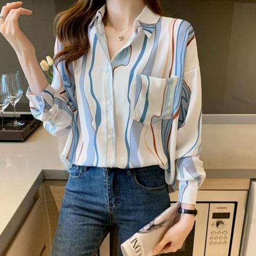 Chikichi 2021 Spring and Autumn New French Fashion Stripe Printed Office Ladies Tops Long Sleeve Chiffon Shirt Women Plus Size