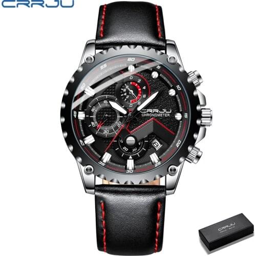 CRRJU Brand Watch Men Leather Sports Watches Mens Army Military Quartz Wristwatch Chronograph Male Clock Relogio Masculino