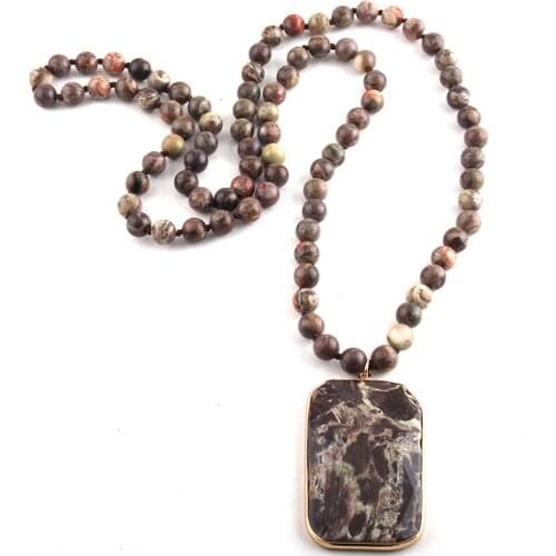 RH Fashion Beaded Jewelry Natural Stones Long Knotted Semi Precious Rectangle Stone Pendant Necklaces