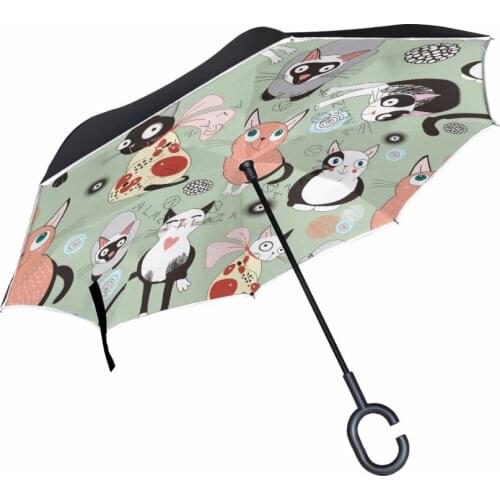 Custom Design Cat Double Layer Car Reverse Umbrella Rain Women Men Umbrellas Reverse For Windproof Umbrella