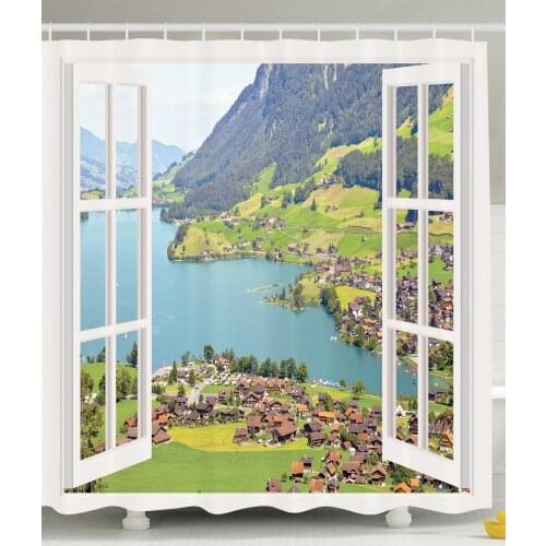 Mountain Lake Panorama White Wooden Window View Primitive Artistic Nature Ocean Sea Mountains Art Modern Decor Bathroom Curtains