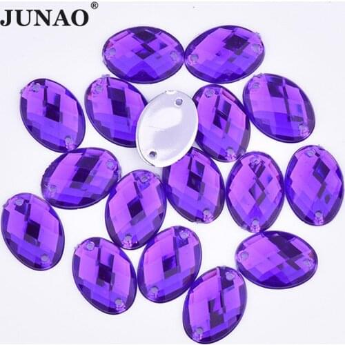 JUNAO 100pcs 18*25mm Purple Color Sew On Oval Crystal Rhinestones Flatback Acrylic Stones and Crystal for Clothing Shoes Crafts