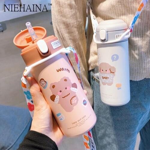500Ml Thermos Mug 304 Stainless Steel Tumbler Childrens Straw Thermos Cup Water Bottle Travel Mug Thermal Cup