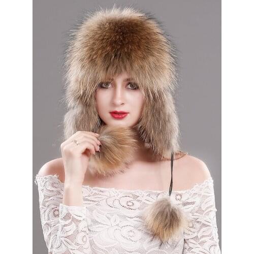 Longtengfenghao Russian Fox Fur Hat Winter Real Raccoon Fur Hat Pilot Hat WomenS 100% Pure Natural Leather Warm Hat
