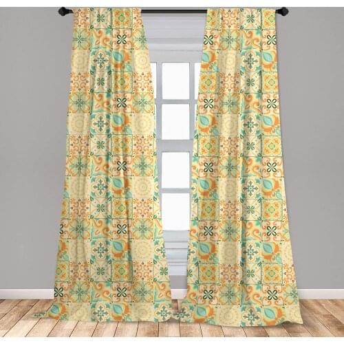 Moroccan Curtains Pale Italian Style Curly Flowers in Squares Retro Composition Window Treatments for Living Room Bedroom Decor