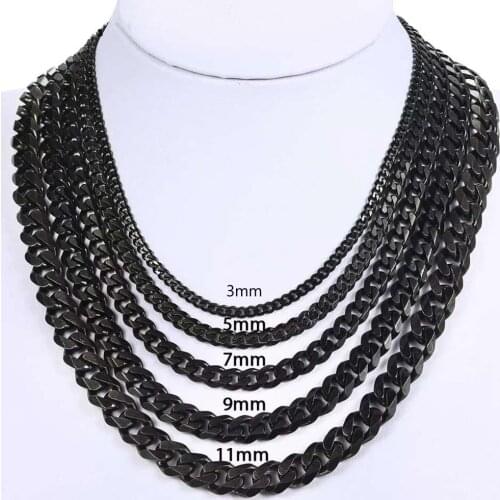 Men Stainless Steel Black Chain Long Necklace Silver Plated Women Cuban Jewelry 3/5/7/9/11mm Width Wholesale Dropshipping