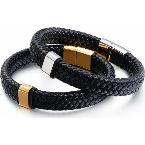 HAOLYNJOY 22cm Leather Bracelets For Men Stainless Steel Gold Minimalist Vintage Style Wrap Bracelets Homme Jewelry