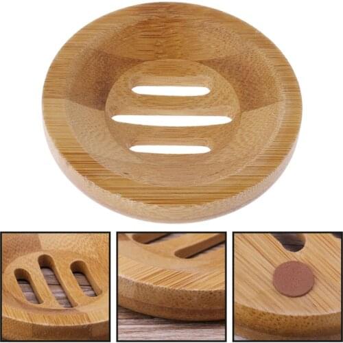 1pc Natural Wooden Bamboo Soap Dish Durable High Intensity Round Shape Soap Storage Support Plate Stand Wood Box Bathroom Shower