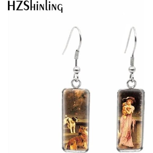 2020 New Afternoon Promenade Earring Oil Paintings Rectangular Hook Earrings Glass Cabochon Jewelry Handmade