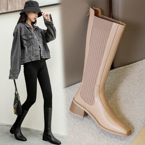 Spring and Autumn 2020 new versatile thin thin boots fashion elastic boots square toe thick heel female boots X614