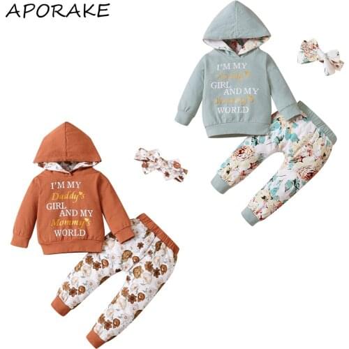 2021 0-24M Autumn Kids Baby Girl Clothing Set Letter Print Long Sleeve Hooded Sweatshirt+Floral Long Pants+Headband Casual 3pcs