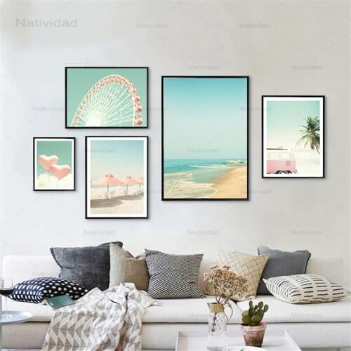 Landscape Home Decor Wall Art Nordic Canvas Painting Seaside Beach Print Scenery Poster Pinky Heart Balloon Living Room Picture