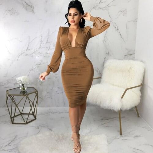 RMSFE 2021 Sexy Long Sleeve Fashion White-collar Night Women Wear V-neck Solid Color Nightclub Dress