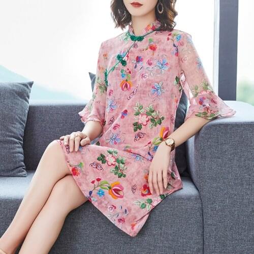 2021 Summer High Quality Cheongsam Midi Silk Dress Chinese Vintage 3XL Pink Print Runway Dress Elegant Women Dresses Plus Size