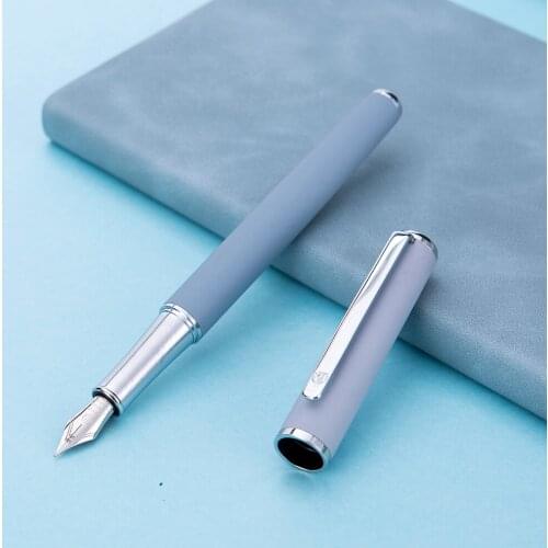 Hongdian 523 Metal Fountain Pen Matte Morandi Blue Iridium Fine Nib Ink Pen Office Business Writing Gift