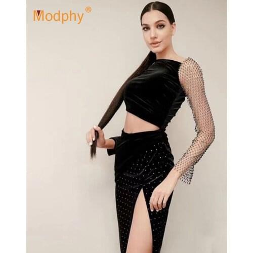Sexy Mesh Diamond Velvet Dress Winter WomenS Long-Sleeved Hollow Bodycon Celebrity Evening Party Elegant New Midi Vestidos