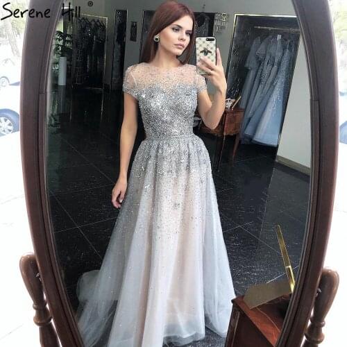 Silver A-Line Tulle Evening Dresses Party Wear Dresses for Women 2020 Short Sleeves Beading Dresses Woman Party Night BLA70715