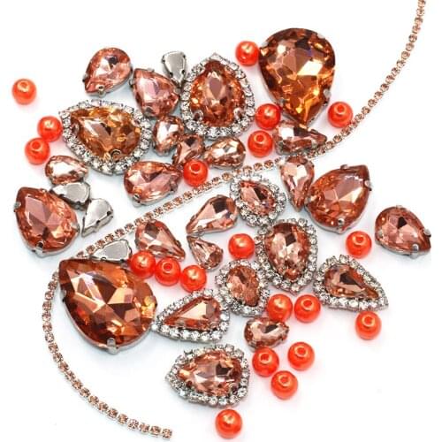 Wedding Decoration Teardrop Water red Mix Size Glass Crystal Stones Pearl Beads Cup Chain Rim Rhinestones Sew On Clothing/Dress