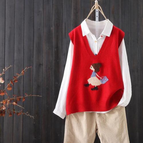 Urifens Loose V-neck Knitted Sweater Vest Female Cartoon Embroidery Pattern Sleeveless Simple Commuter Women Sweater Vest P17
