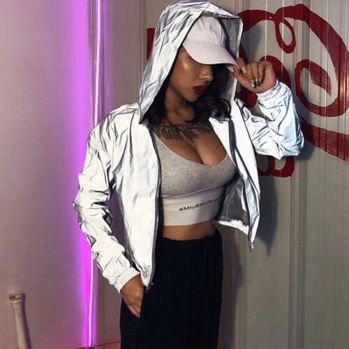 Women Reflective Long Sleeve Hoodie Jacket Zip Up Sweatshirt Coat Hiphop Windbreaker Night Running Shiny Cropped Outwear