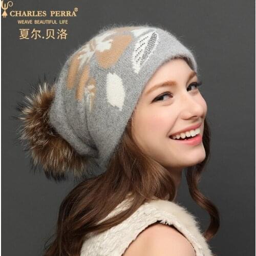Charles Perra Women Hat Winter Thicken Wool Knitted Hats Casual Fashion Warm Caps With Hairball Female Beanies 2020 NEW CD8312