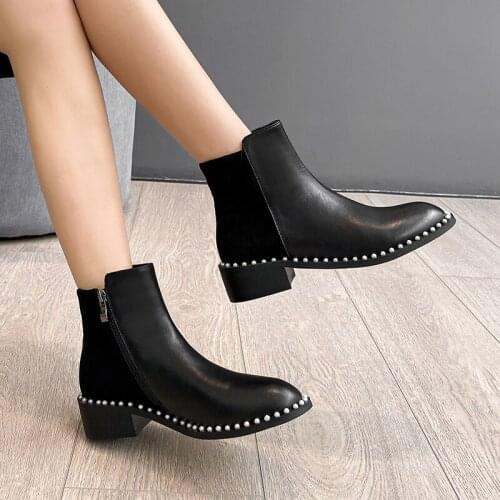 QZYERAI 2020 New winter Genuine leather Women boots ankle Short boots Pearl edge Female boots fashion cowhide Women shoes