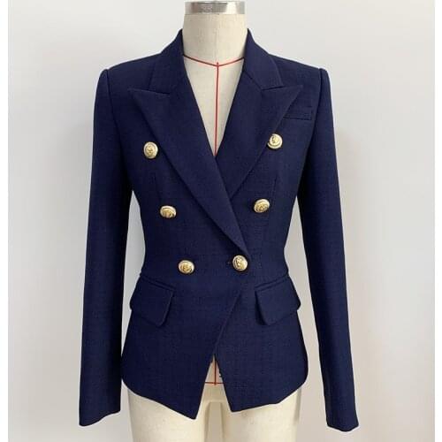 HIGH QUALITY Newest 2021 Classic Designer Jacket Womens Silver Lion Buttons Double Breasted Slim Fit Textured Blazer Outer Wear