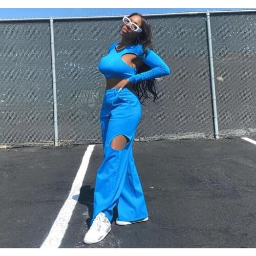 Summer Autumn Two Piece Set Women Pocket Zipper Hollow Long Sleeve T-shirt Crop Top+Pants Sets Club Outfits Streetwear Wholesale