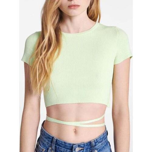 Za summer womens high street fashion solid color short knitted CAMIS vest womens waist lace up decorative blouse