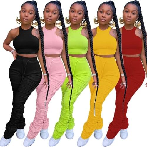Casual Women Two Piece Sets Crop Top And Long Pants Stacked Pants Joggers Sportwear Halter Sleelveless Tracksuits Outfits Set