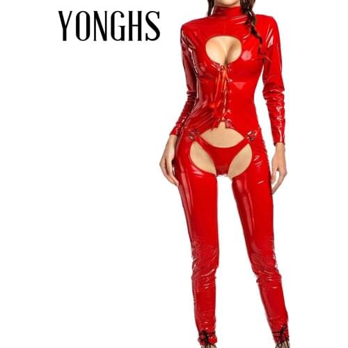 Womens Erotic Patent Leather Teddies Bodysuit Keyhole Lace-up Front Crotchless Romper High Neck Long Sleeve Open Butt Bodycon