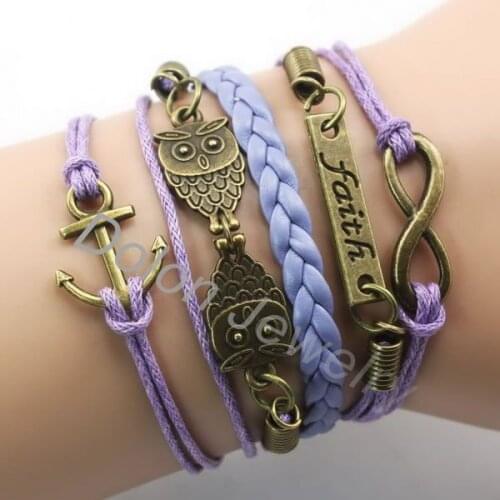 Multi Strand Leather Wrap Charm Bracelet Combined with Infinity Faith Owl Mens Bracelet Bangle