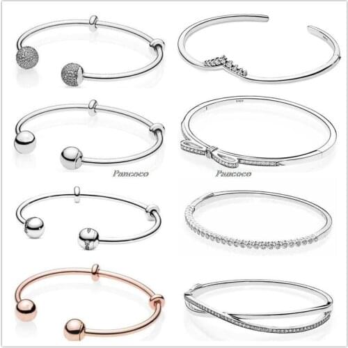 Authentic 925 Sterling Silver Moments Rose Gold Open With Signature Caps Bracelet Bangle Fit Women Bead Charm Fashion Jewelry