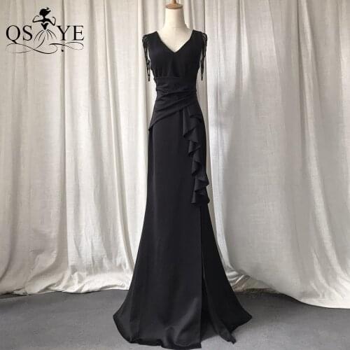Black Long Prom Dresses Stretch Ruffles Evening Gown V Neck Formal Party Dress Split Dress Beading Ruched Prom Gown Vestido