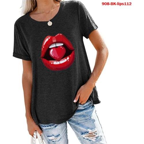 Red Mouth Lip T Shirt Women Girl Black Tshirt Summer Funny Leopard Top Graphic Tee Shirt 2021 NewVogue Harajuku Femme T Shirts