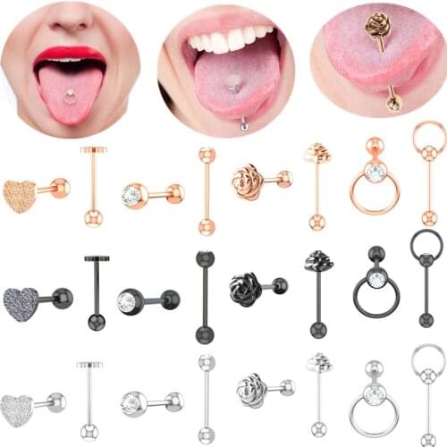 1/2Piece Surgical steel heart tongue piercing ring 14G rose flower tongue piercing bar sexy nipple bar leaf tongue ring jewelry