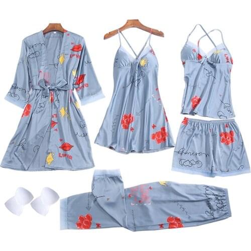 Nighties Gown Set Women 5PCS Nightshirts V-Neck Cami Pajamas Sleepwear Sleep Bathrobe Lady Wear Home Suit Nightgown Spring Robe