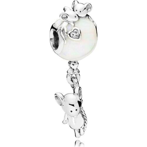 Mouse & Balloon Dangle Dangle Charm for Women Bracelet Bangle Pearlescent Enamel Authentic S925 Silver DIY Jewelry