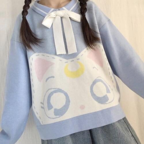 Cute Cat Womens Knitted Sweater O-neck Pullovers Long Sleeve Fall Loose Sweaters Cute Girls Student Light Blue