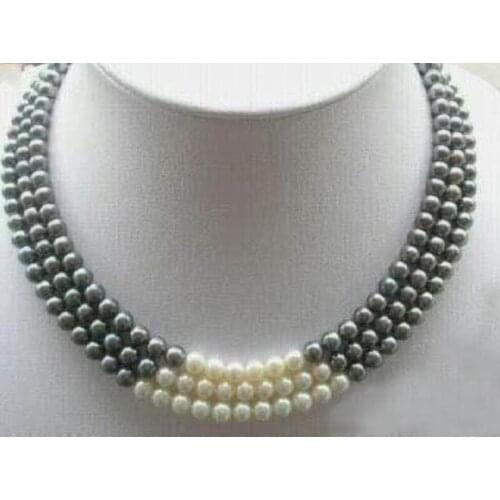 New fashion beautiful free delivery 3Rows 7-8MM Black White Natural Pearl Necklace 17-19"BV17