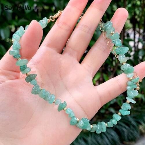 SAY HELLO Natural Stones Green Aventurine Gravel Necklaces for Women Handmade Small Shingles Chokers Jewelry Gift Collares K3464