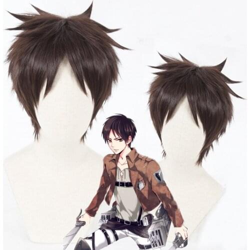 High Quality Anime Attack on Titan Eren Jaeger Cosplay Wig 30cm Short Straight Brown Heat Resistant Synthetic Hair Wigs + WigCap